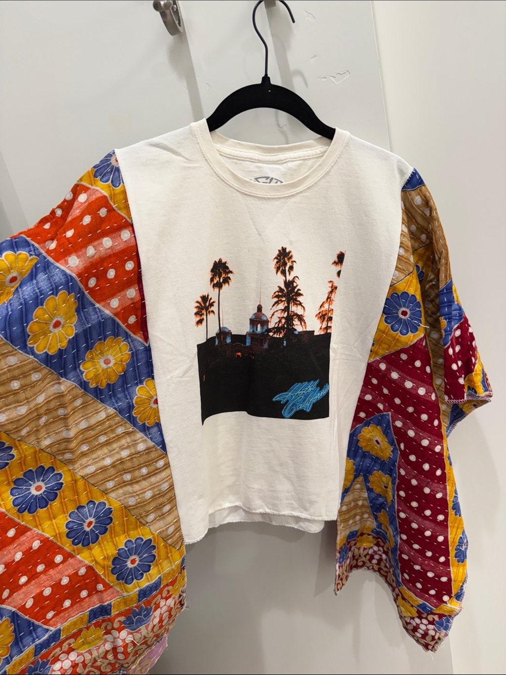 White Graphic Tshirt with Colorful Patchwork Sleeves